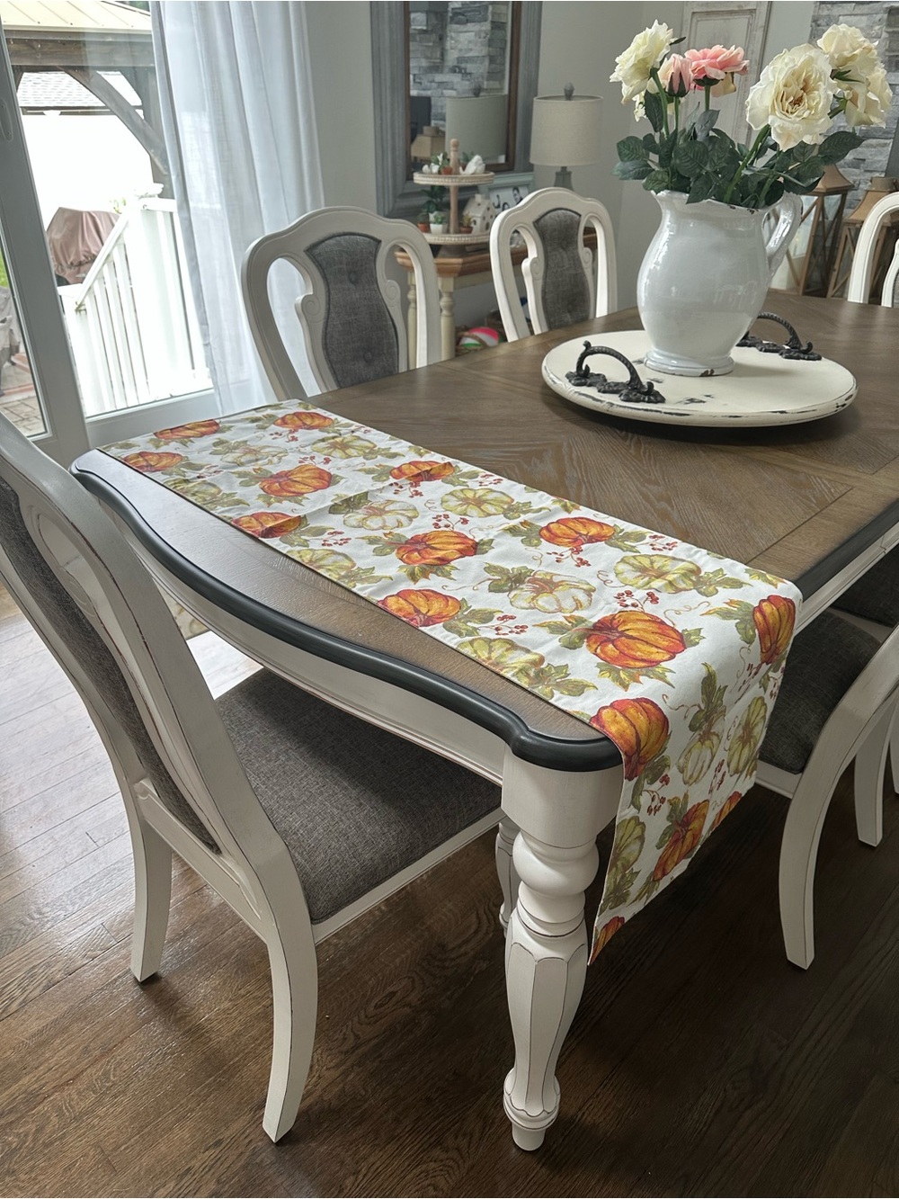 Harvest Pumpkin Print Table Runner - White, Orange & Green